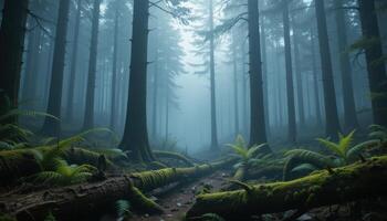 A dark forest with ferns and trees photo