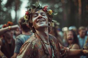 A man with a flower crown on his head at a music festival photo