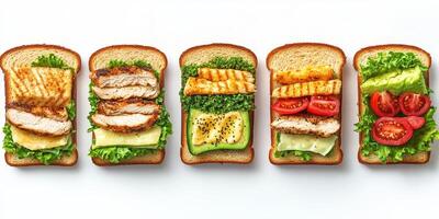 Delicious grilled chicken sandwiches with fresh vegetables arranged on white background photo