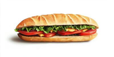 Delicious sandwich filled with fresh vegetables and savory chicken on a soft baguette photo