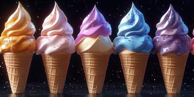 Colorful ice cream cones lined up against a dark background with shimmering effects photo