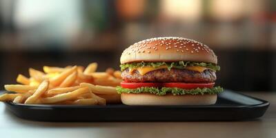 Delicious cheeseburger with crispy fries served on a black tray in a casual dining setting photo