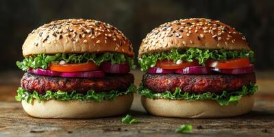 Delicious homemade burgers with fresh ingredients served on sesame seed buns in a rustic setting photo