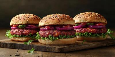 Juicy homemade burgers with toppings on toasted sesame seed buns on rustic wooden background photo
