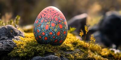 Colorfully decorated egg rests on mossy rock amidst natural landscape during golden hour photo