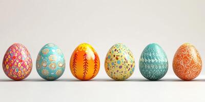 Colorful decorated eggs arranged in a row showcasing various artistic patterns and designs photo