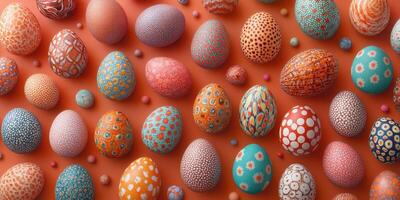 Colorful decorated Easter eggs arranged on an orange background for a festive celebration photo
