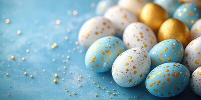 Beautifully decorated Easter eggs in various colors with golden accents arranged on a blue background photo