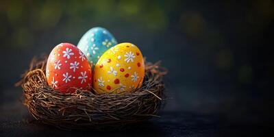 Colorful Easter eggs in a nest display vibrant patterns and spring themes in a natural setting photo