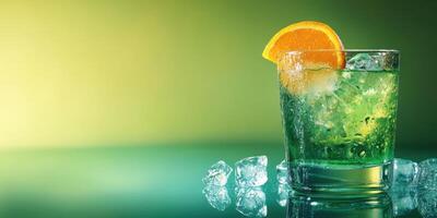 Refreshing green cocktail with ice and orange slice on a gradient background in a cozy setting during evening photo