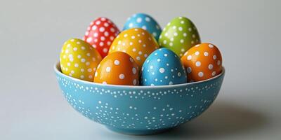 Colorful decorated eggs in a vibrant bowl for spring celebration photo