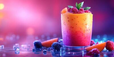Refreshing fruit drink with vibrant colors and ice served in a glass on a colorful background photo