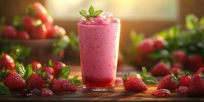 Refreshing strawberry smoothie with mint garnish and fresh berries in a sunny kitchen setting photo