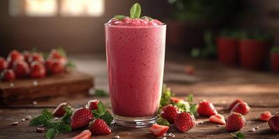 Refreshing strawberry smoothie served in a tall glass with fresh mint leaves on a rustic wooden table photo