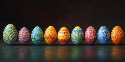 Colorful decorated eggs arranged in a row showcasing artistic designs for a festive celebration photo