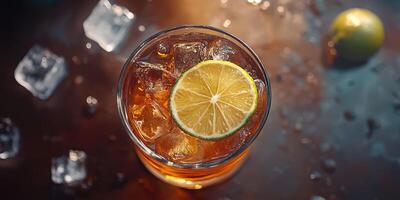Refreshing cocktail with lime garnish and ice on a wooden table at a cozy bar during evening photo