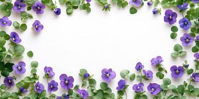 Vibrant purple violets and greenery create a beautiful border on a blank white background for creative projects photo