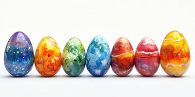 Colorful hand-painted eggs arranged in a vibrant line for a festive celebration in spring photo
