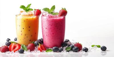 Colorful fruit smoothies served in chilled glasses with fresh berries and mint on a white background photo