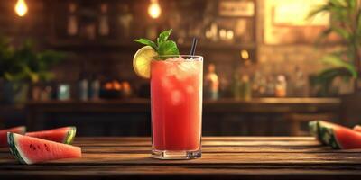 Refreshing watermelon cocktail served at a cozy bar with a rustic ambiance during a warm summer evening photo