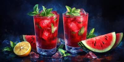 Refreshing watermelon drinks served with mint and citrus in a dark setting photo