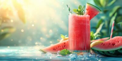 Refreshing watermelon drink with mint in a serene outdoor setting during warm daylight hours photo