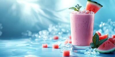 Refreshing watermelon smoothie with mint and ice cubes on a bright summer day photo
