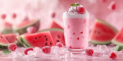 Refreshing watermelon and raspberry smoothie with whipped cream on a summer afternoon photo