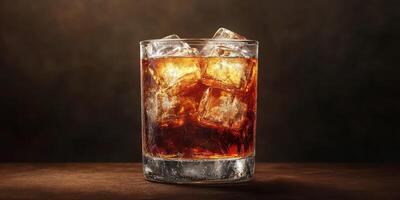 Glass of dark beverage with ice cubes against a textured background in a dimly lit setting photo