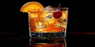 Cocktail with ice garnished with orange and cherry is placed on a black surface photo