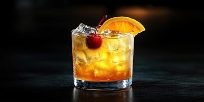 Refreshing cocktail served in a glass with ice, garnished with cherry and orange slice photo