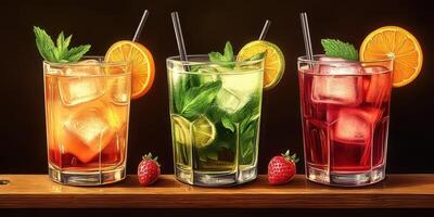Colorful assortment of refreshing cocktails with fruits and mint served on wooden bar photo