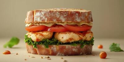 Delicious grilled chicken sandwich with fresh vegetables and sauce on rustic bread photo