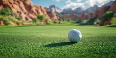 Golf ball resting on lush green grass with mountains in the background under a clear blue sky photo