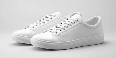Fresh white sneakers on a minimalist background highlighting their modern design and classic style for casual wear photo