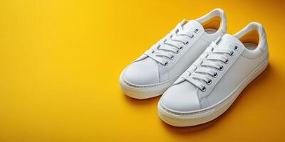 Stylish white sneakers on a vibrant yellow background showcasing sleek design and comfort for modern casual wear photo