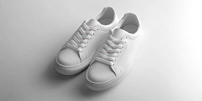 Fresh white sneakers displayed on a minimalist background, perfect for fashion enthusiasts and casual wear lovers photo