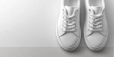 Fresh white sneakers arranged on a clean surface highlighting their design and texture in a minimalist setting photo