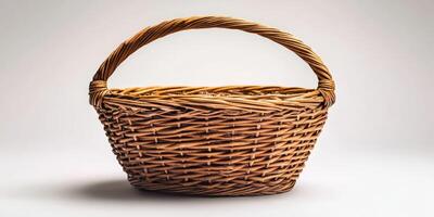 Handwoven wicker basket on a neutral background showcasing craftsmanship and natural materials, perfect for storage or decoration photo