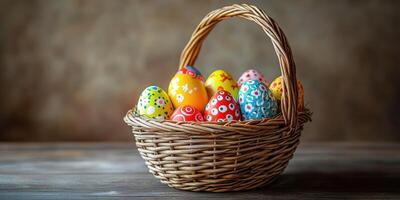 Colorful hand-painted Easter eggs in a woven basket on a rustic wooden table photo