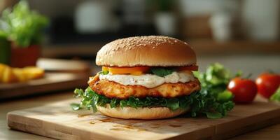Delicious chicken burger with fresh ingredients served on a wooden board in a cozy kitchen setting photo