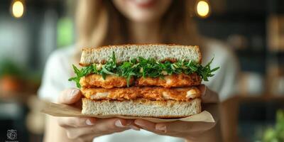 Deliciously stacked sandwich featuring crispy chicken and fresh greens held by a young woman in a cozy cafe setting photo