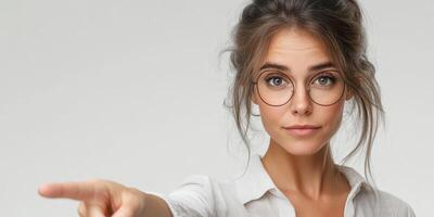 Woman wearing glasses points with determination in a bright, neutral background during a creative brainstorming session photo