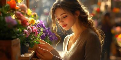 Young woman gently tending to colorful flowers in a vibrant market filled with natural light during the day photo