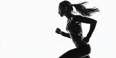 Dynamic silhouette of a woman running against a bright background during a fitness activity photo