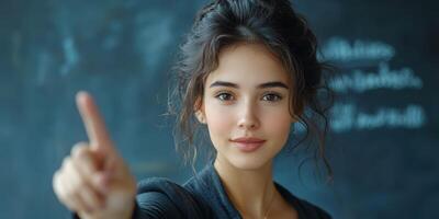 Engaging young woman gestures to emphasize a point in a classroom setting during a learning session photo
