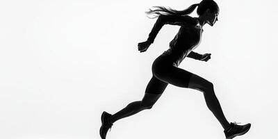 Dynamic woman running in silhouette during early morning hours on a plain background photo