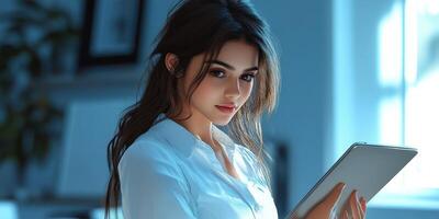 Young woman absorbed in reading on a tablet in a softly lit modern workspace during early evening hours photo