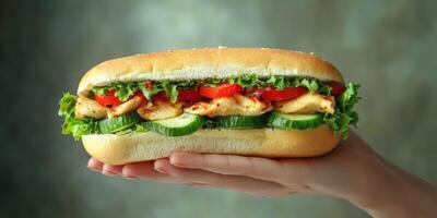 Delicious sandwich with grilled chicken, fresh vegetables, and soft bread served by hand in a light setting photo