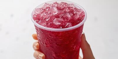Refreshing beverage served in a clear cup filled with ice and vibrant red liquid during a summer gathering photo